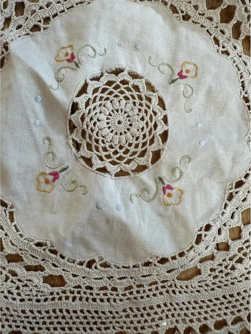 Vintage 61” Round Crochet Lace Embroidered Tablecloth Cottagecore